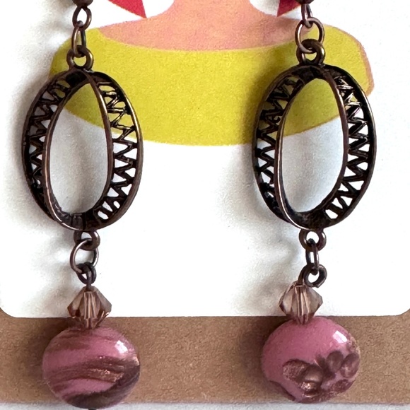 Indio Jewelry Pink and Copper Picasso Glass Copper Metal Earrings Item# 323 - Picture 3 of 4